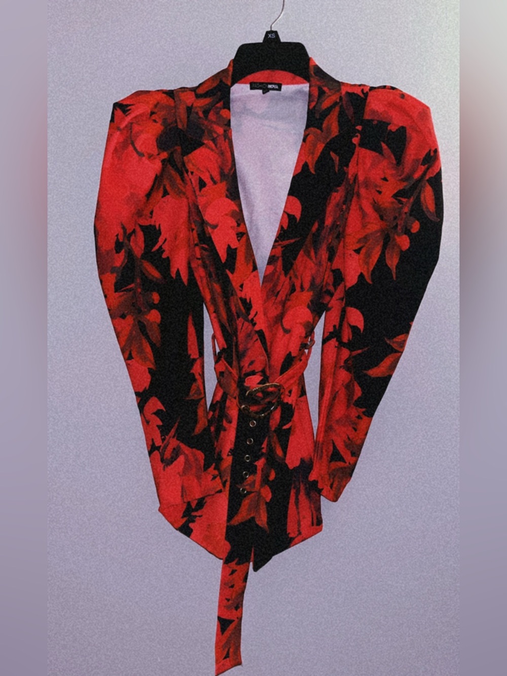 Red Floral Belted Women's Blazer Jacket